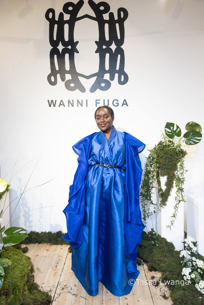 LFWAW25-3292 Fashion Show Guest wearing blue Kimono and dress by Wanni Fuga