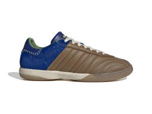 Brown trainer with blue pony hair heel by Adidas and Wales Bonner