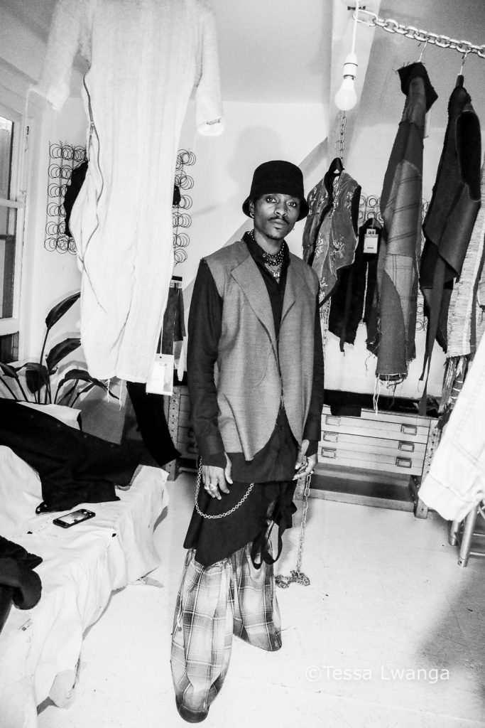 LFWAW25-0530 Levi Lucky wears layered clothing to London Fashion Week AW25 Show by Olubiyi Thomas