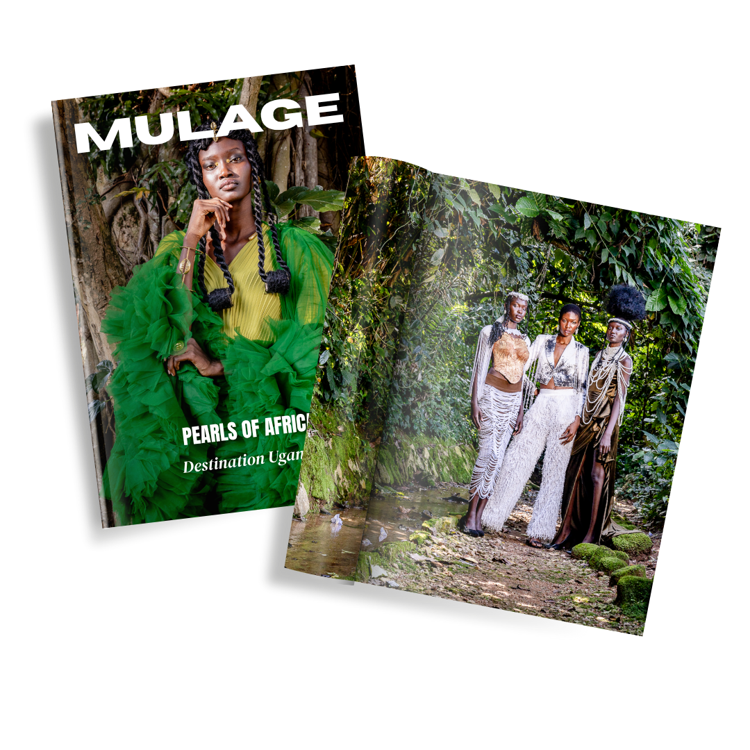 Photograph of Mulage Magazine Cover with Model wearing yellow and green outfit in pensive mode