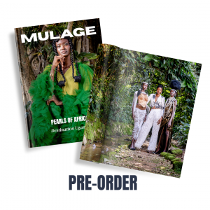 Photograph of Mulage Magazine Cover with Model wearing yellow and green outfit in pensive mode